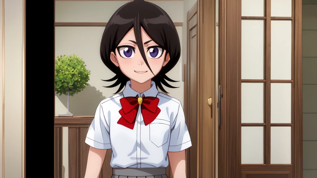((Highest quality)), ((Very detailed)), Very detailed顔, Beautiful Face, , (One girl), Cowboy Shot, Rukia, Black Hair, short hair, Hair between the eyes, Purple eyes, Small breasts, smile, , White collared shirt, Red bow tie, Grey pleated skirt, shoes下, shoes, (indoor, At the front door)