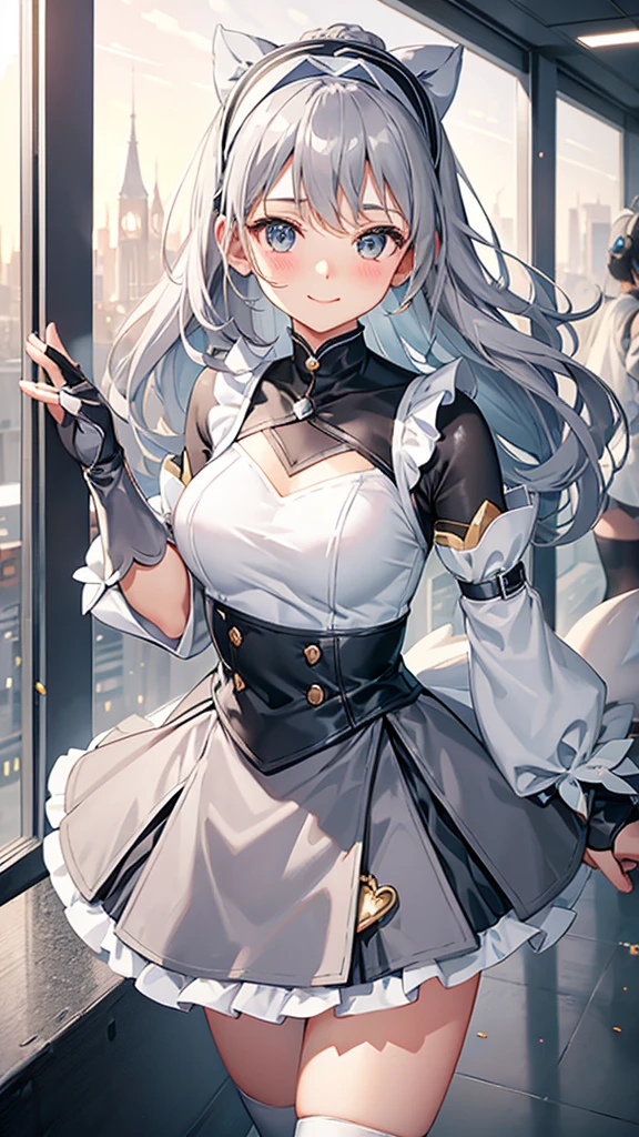 Magical girl　Grey Costume　Grey medium hair　mini skirt　No sleeve　Long gloves　Headband　blush　smile　standing facing this way　universe space