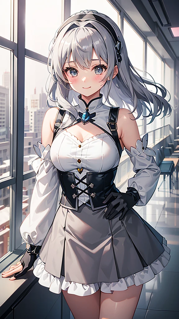 Magical girl　Grey Costume　Grey medium hair　mini skirt　No sleeve　Long gloves　Headband　blush　smile　standing facing this way　universe space