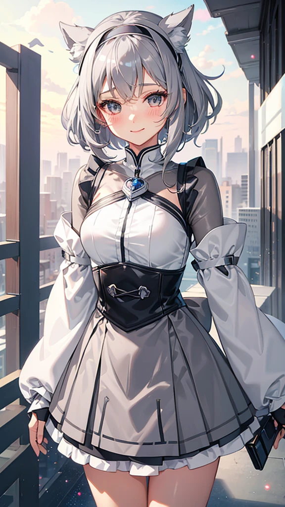 Magical girl Grey Costume Grey medium hair mini skirt No sleeve Long gloves Headband blush smile standing facing this way universe space