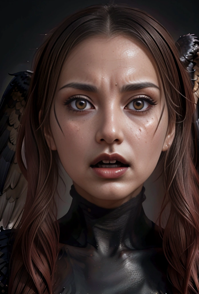 a close up of a person with a bird on their head, harpy, harpy woman, satanic wings, intense black line art, intense line art, screaming. not realistic, nightmare digital art, portrait of the death angel, artistic drawing of a crow, dark outlines, scary angry pose, dark but detailed digital art. eagle nose, red nose, nose gets to huge clit, hyper detailed skin, sweaty skin, 