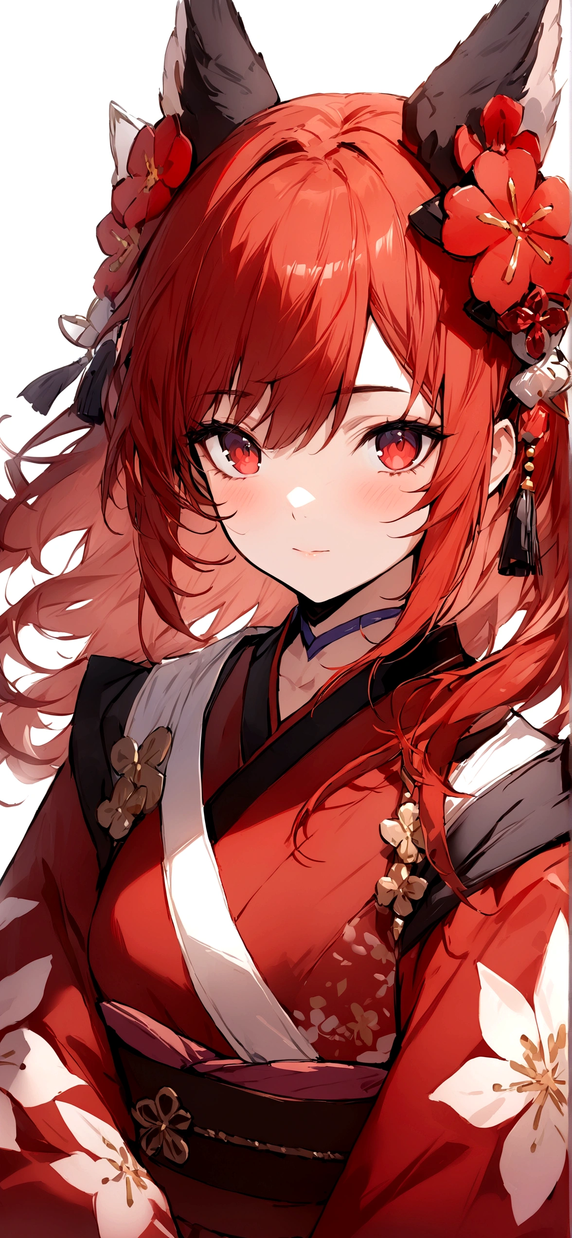 ((masterpiece, Highest quality)), (One girl), (alone)、Older sister in her late 20s, Red Hair、Character portrait、Plum blossom accessories、Red kimono、White background、Red Hair、Red eyes