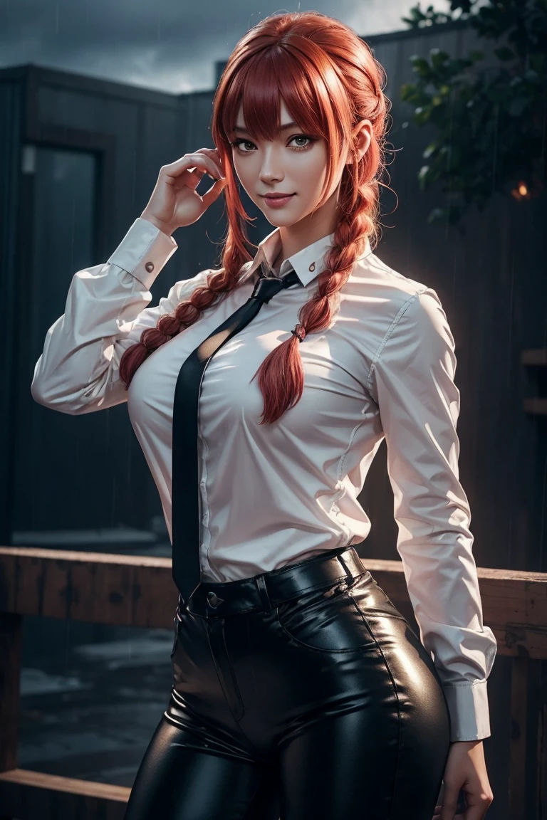 Chainsaw Man,Makima,With bangs,Red Hair,Braids at the back,Golden Eyes,White long sleeve shirt,Black tie,Black Leather Pants,Ultra HD,super high quality,masterpiece,Digital SLR,Photorealistic,Detailed details,Vivid details,Depicted in detail,A detailed face,Detailed details,Super Detail,Realistic skin texture,Anatomical basis,Perfect Anatomy,Anatomically correct hand,Anatomically correct fingers,Complex 3D rendering,Sexy pose,Rainy Sky,Beautiful scenery,Fantastic rainy sky,Picturesque,Pink Lips,smile,