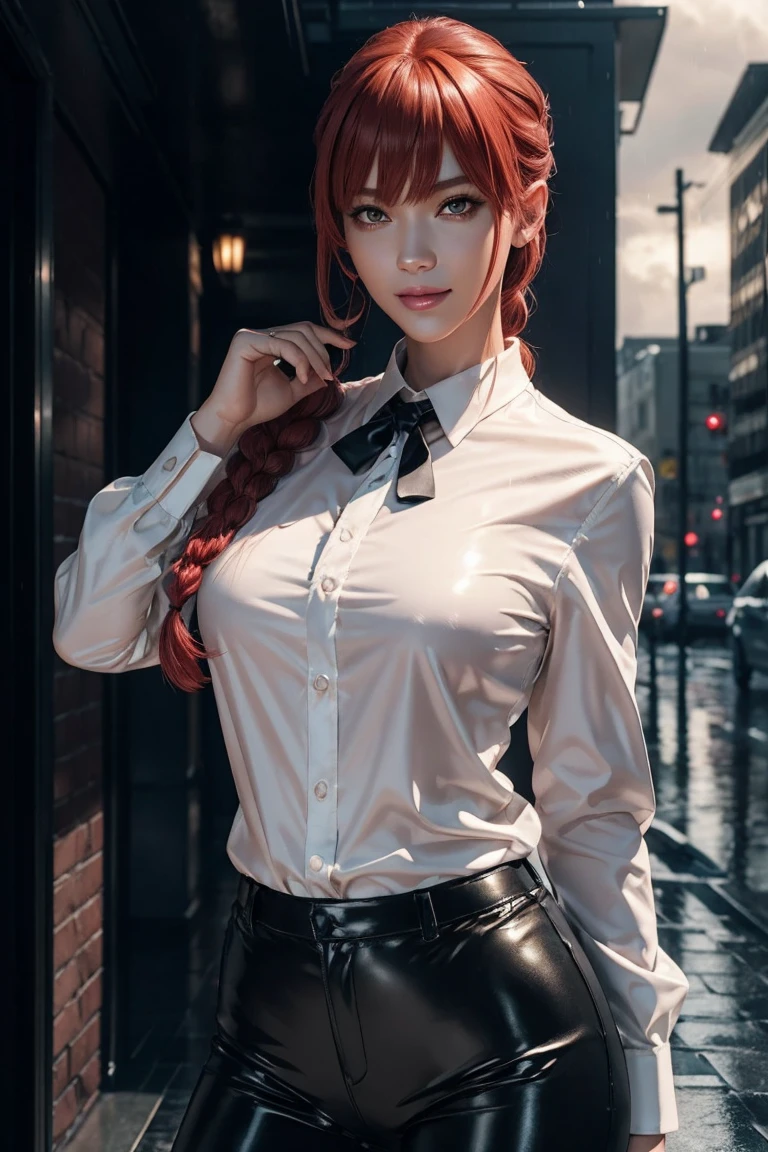 Chainsaw Man,Makima,With bangs,Red Hair,Braids at the back,Golden Eyes,White long sleeve shirt,Black tie,Black Leather Pants,Ultra HD,super high quality,masterpiece,Digital SLR,Photorealistic,Detailed details,Vivid details,Depicted in detail,A detailed face,Detailed details,Super Detail,Realistic skin texture,Anatomical basis,Perfect Anatomy,Anatomically correct hand,Anatomically correct fingers,Complex 3D rendering,Sexy pose,Rainy Sky,Beautiful scenery,Fantastic rainy sky,Picturesque,Pink Lips,smile,