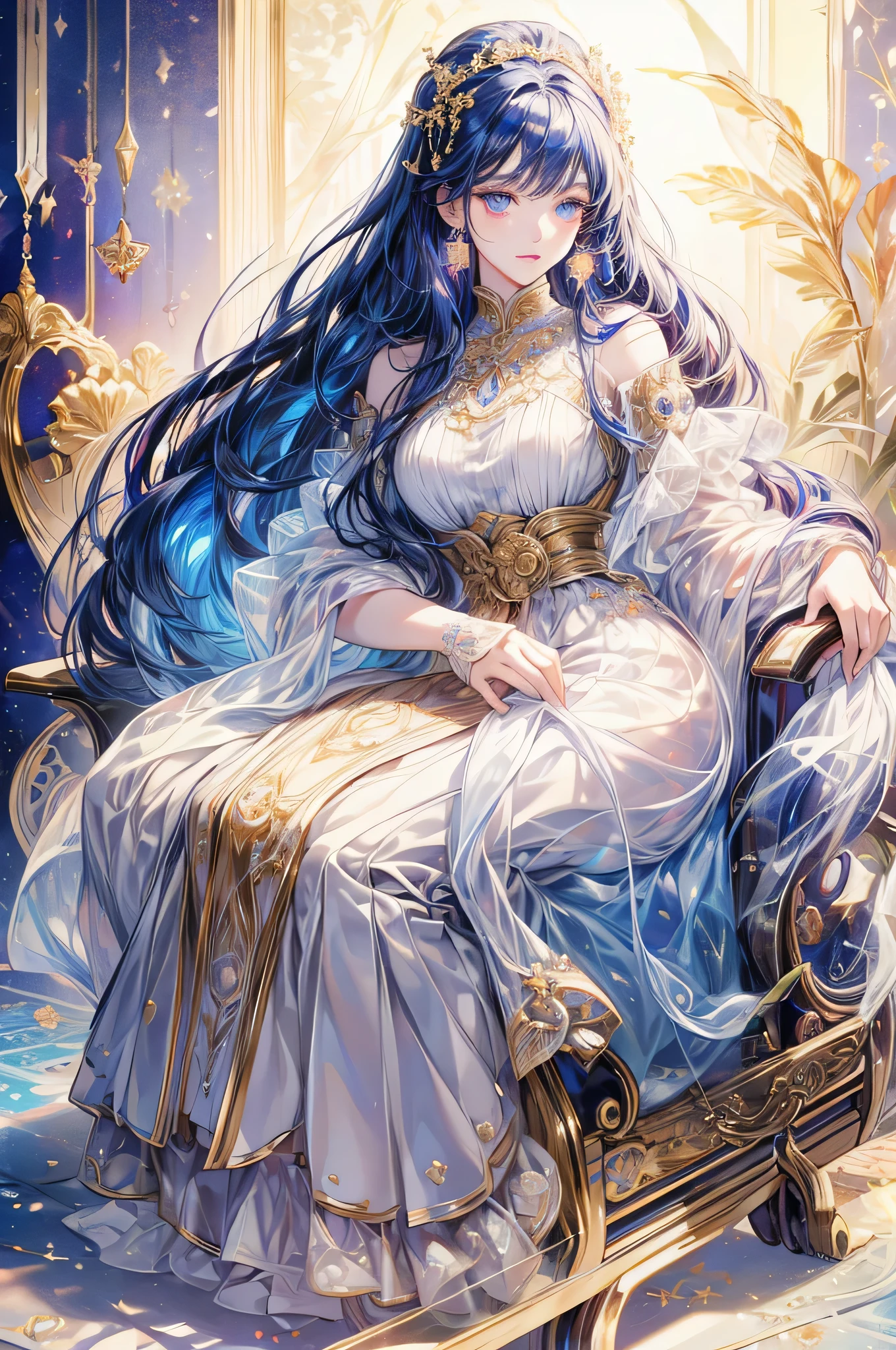 Long hair woman、Dolls。In a wheelchair、Break、White skin、Symmetrical left and right eyes、Exquisite eyes、Sparkling violet eyes、Gold Hair Accessories Mosaic Pattern Background、spotlight、High contrast、Striking shadows、Detailed shadows、Perfect workmanship、masterpiece、Top quality、Top image quality