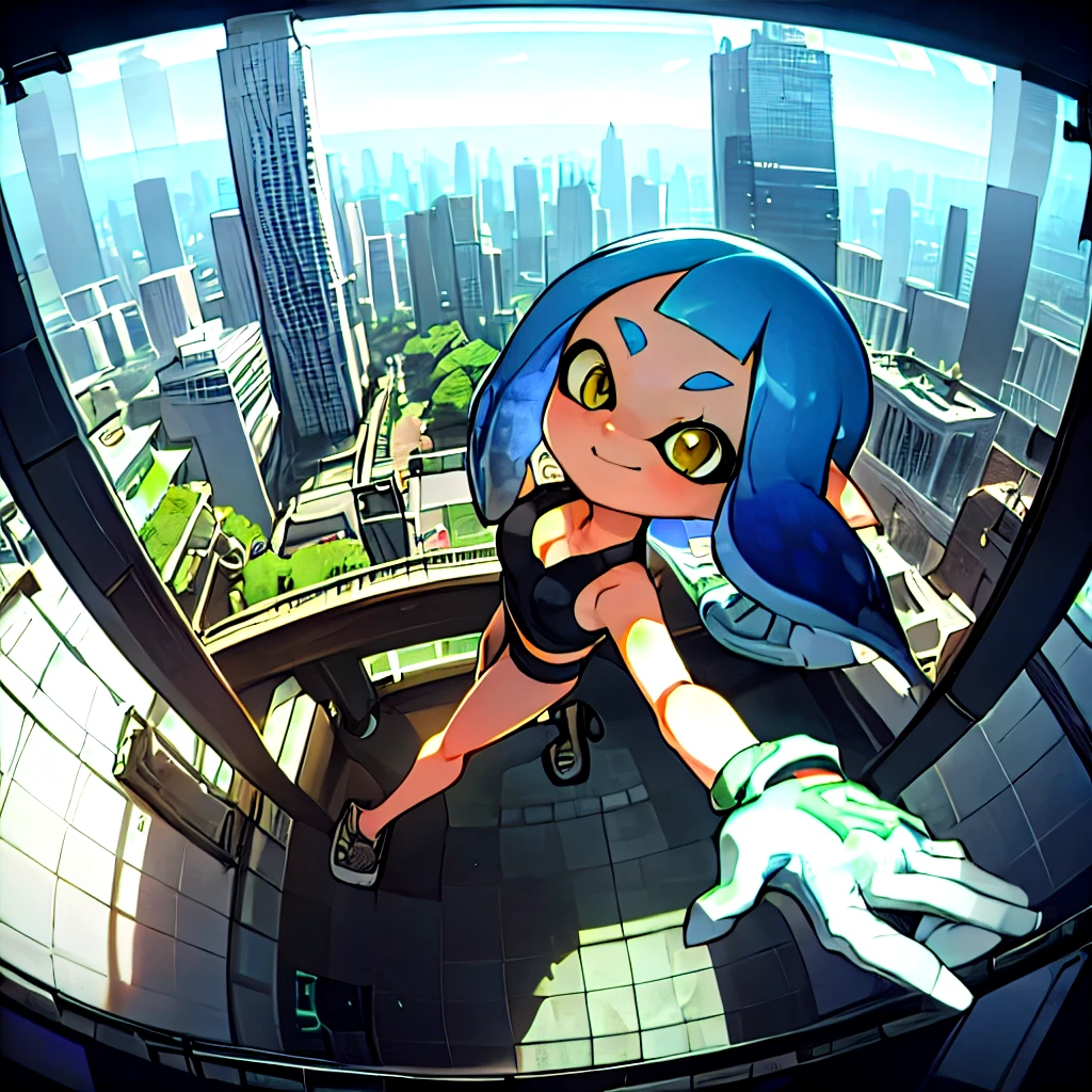 Highest quality, Detail View, High resolution、Official Art、aerial photograph、Real Anime、3d、Fisheye Lens、Splatoon Girl on the Skyscraper Observatory, Are standing、Watching over the peace of the city、Happy, Golden Eyes、Beautiful Face、smile, A slightly thinner face、Detailed facial depiction、Prism Gradient Tentacle Hair、Miniature cityscape、Skyscraper rooftop、Outdoor、Skyscrapers look small、Big Breasts、Cleavage、Camouflage sports bra、Camouflage shorts，Gloves、, Parkour、Dynamic Pose、Colorful air