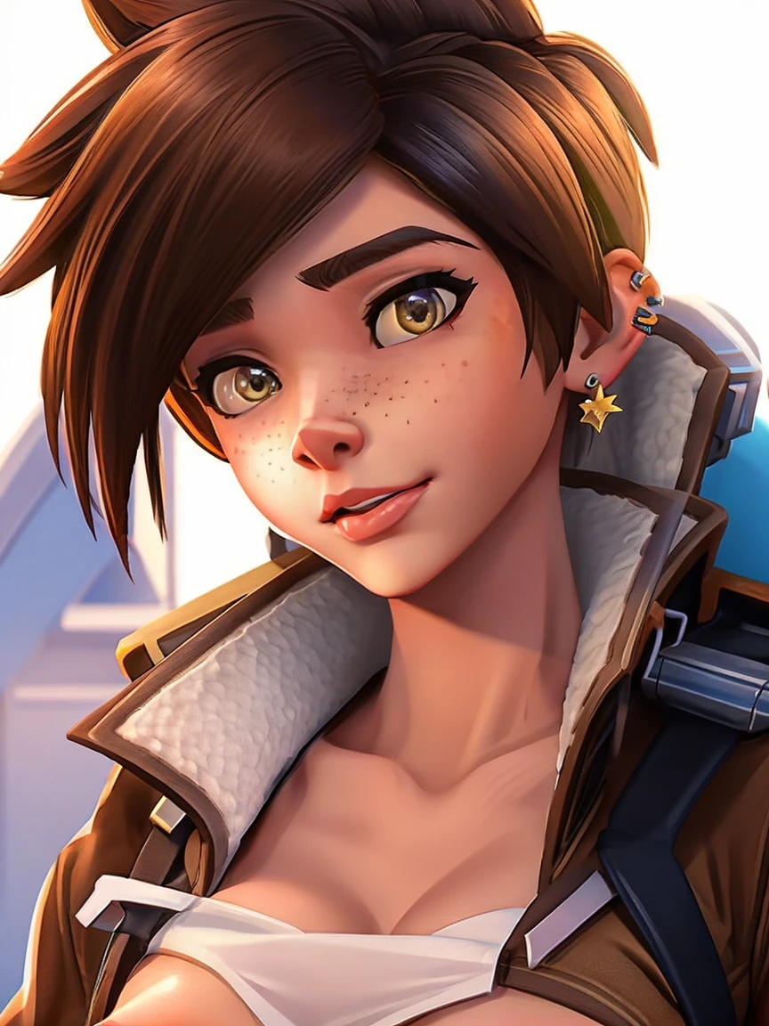 VHS cover for a porn starring tracer. hoop-earings. biting her lip. naked. nude. slut. small_boobs. freckles. pornstar nsfw