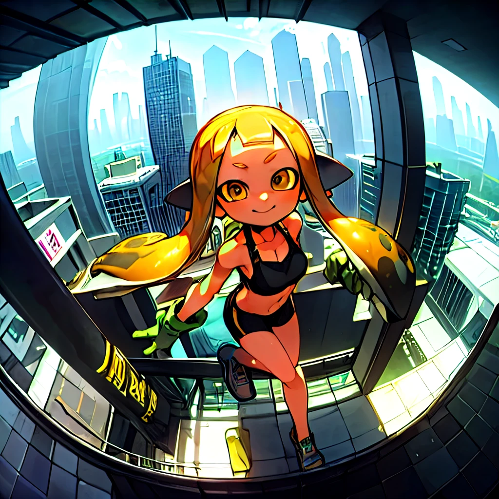 Highest quality, Detail View, High resolution、Official Art、aerial photograph、Real Anime、3d、Fisheye Lens、Splatoon Girl on the Skyscraper Observatory, Are standing、Watching over the peace of the city、Happy, Golden Eyes、Beautiful Face、smile, A slightly thinner face、Detailed facial depiction、Prism Gradient Tentacle Hair、Miniature cityscape、Skyscraper rooftop、Outdoor、Skyscrapers look small、Big Breasts、Cleavage、Camouflage sports bra、Camouflage shorts,Gloves、, Parkour、Dynamic Pose、Colorful air