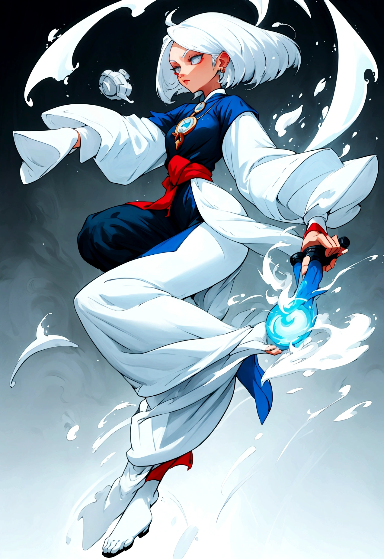 Character (woman) (white hair) (seer-style clothing) (character in dynamic pose) (full body) (smooth color blend) (proper)