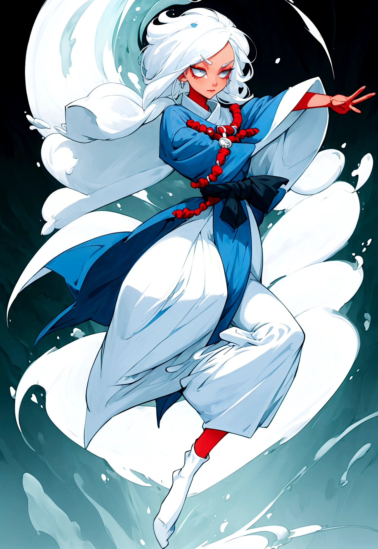 Character (woman) (white hair) (seer-style clothing) (character in dynamic pose) (full body) (smooth color blend) (proper)