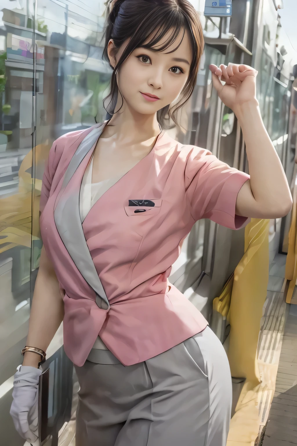 (masterpiece:1.2, Highest quality:1.2), 32k HDR, High resolution, (alone、1 girl)、 (Height: 160cm)、（On the rooftop of a building in the daytime、Professional Lighting）、Building rooftop background、（Nankai train crew uniform pinkを着たリアルスタイル）、（Nankai train crew uniform pink short sleeve collarless pink jacket、Nankai Train Crew Uniform Pink Collarless Short Sleeve Blouse、Nankai Train Crew Uniform Pink Grey Knee-length Culottes）、（The pink jacket is showing from the culottes.）、Dark brown hair、（Hair tied up、Hair tied up、Evening curly hairstyle）、Dark brown hair、Long Shot、Big Breasts、Thin legs、（（Great hands：2.0）），（（Harmonious body proportions：1.5）），（（Normal limbs：2.0）），（（Normal finger：2.0）），（（Delicate eyes：2.0）），（（Normal eyes：2.0））)、smile、（Nankai Train Crew Uniform Pink Grey Knee-length Culottesを見せた美しい歩く姿）、Place your hands around your stomach、Lanyard employee ID card