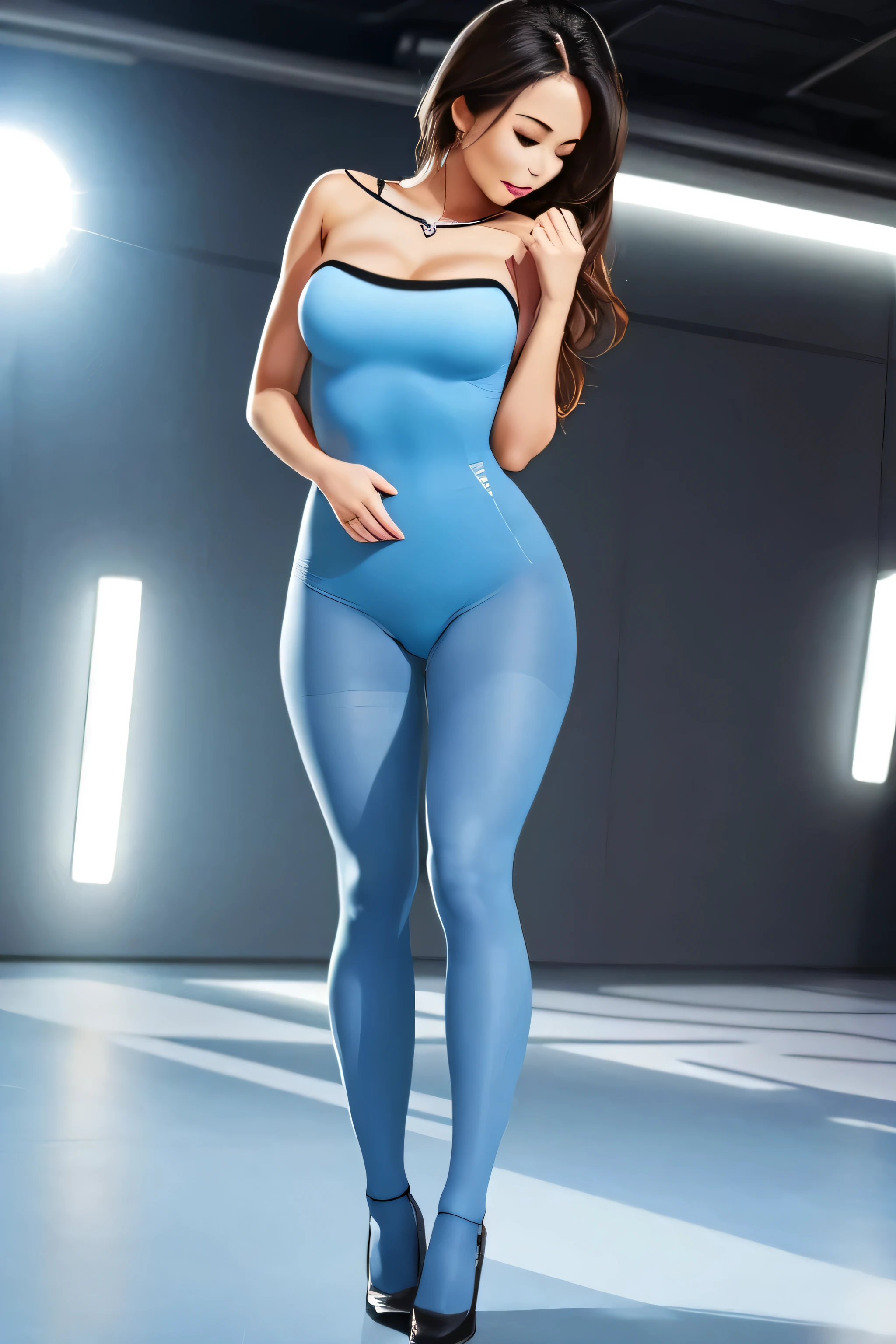 ((((Full body image of a woman standing with legs apart)))) ,rather thick body shape,High Leg Tube Top,high-heels,Shorthair,eye glass, ((((Please wear light blue tights all over your body..))))、((( Man hugging)))、sexual harassment