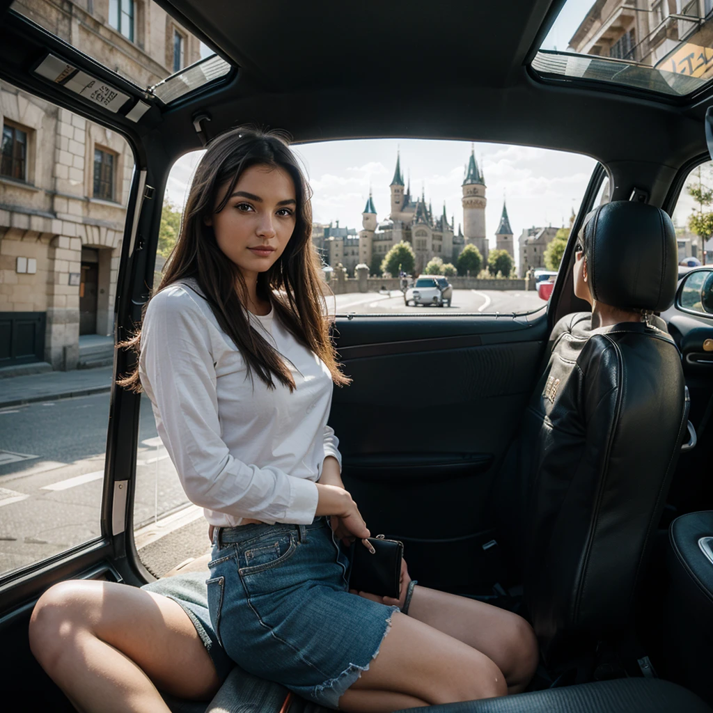 A beautiful girl sitting on taxi and going to the castle