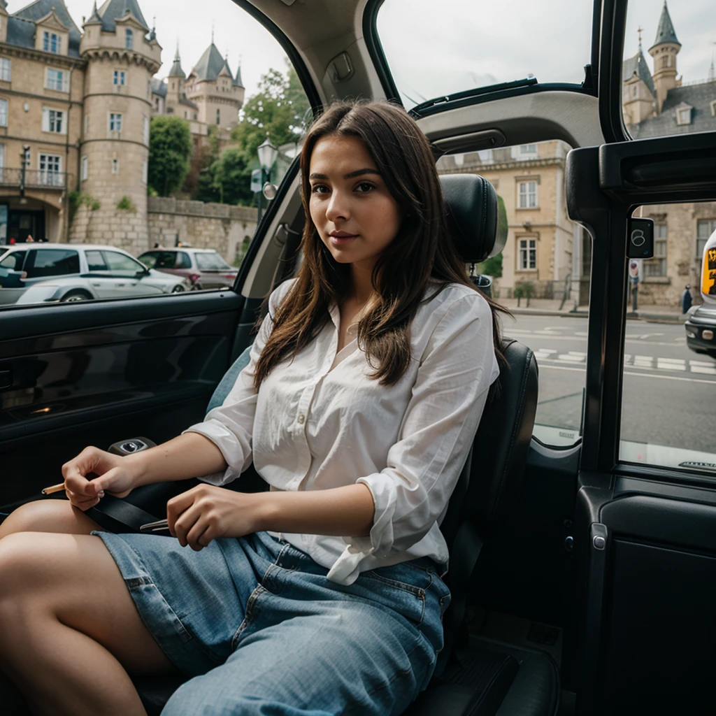 A beautiful girl sitting on taxi and going to the castle