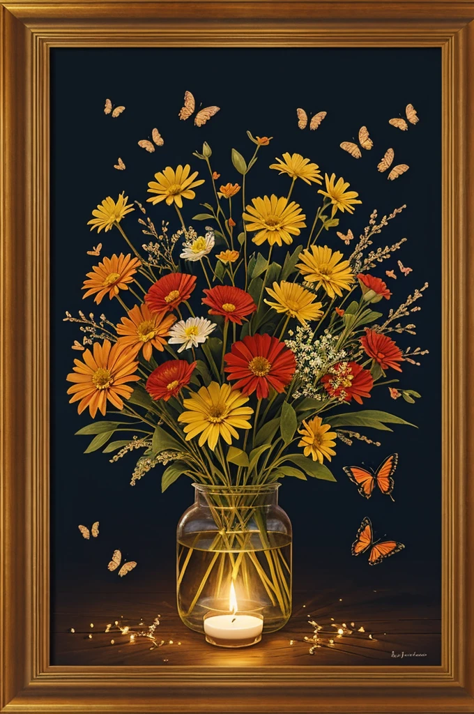 Flowers surround the frame, butterflies fly, and the words &quot;Happy by candlelight&quot; are written.