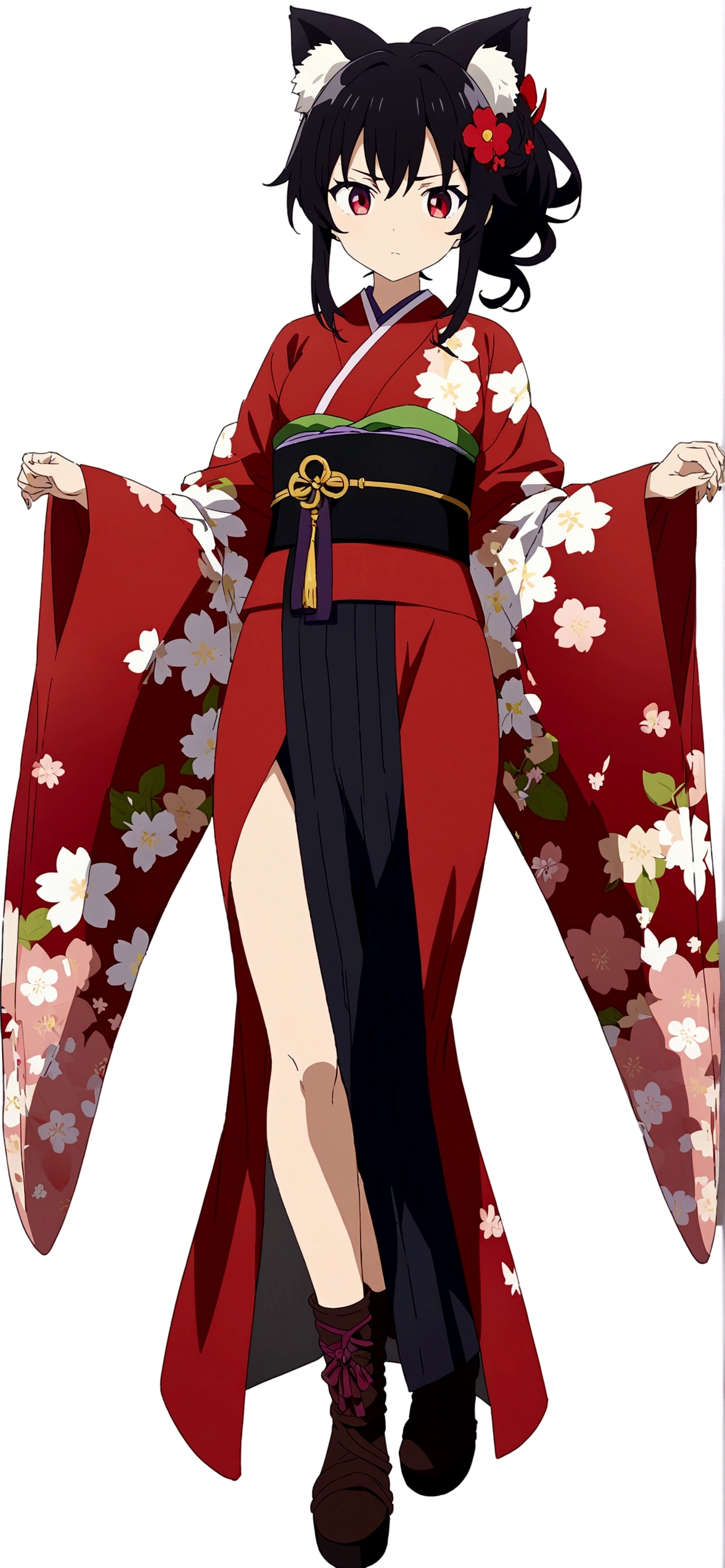 masterpiece, Highest quality, {Highest quality}, {{masterpiece}}, {High resolution}, concentrated, Anime Style, , Anime Images, long red hair,kimono、Plum blossom accessories、Red Eyes、梅の花の柄のkimono、whole body、Pure white background、Plain background、Look this way