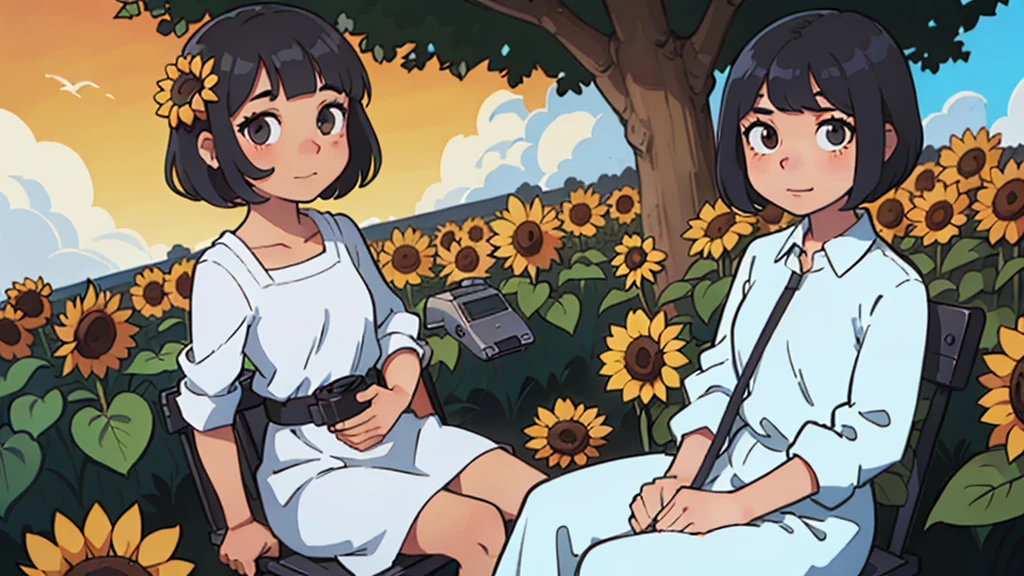1girl, indonesian, 20th age, beautiful, white skin, thin chin, gown, sitting on a swing, body facing camera, black hair, short wave hair, anime style, sunflower garden background, perfect anime style