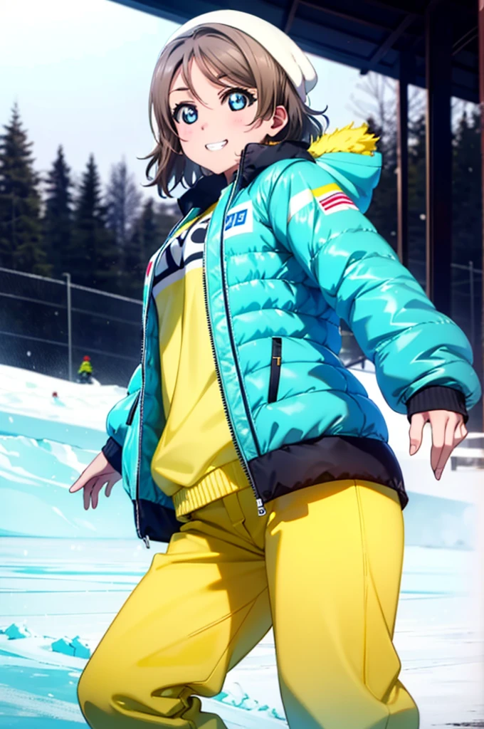 Yo Watanabe, Watanabe Yo, short hair, blue eyes, Brown Hair, smile, Grin,Yellow Wear、Outerwear is blue、Red trousers),sneakers,Snowboarding down a ski slope,whole bodyがイラストに入る,
break ourdoors, Snow Mountain,
break looking at viewer, whole body,(Cowboy Shot:1. 5)
break (masterpiece:1.2), Highest quality, High resolution, unity 8k wallpaper, (figure:0.8), (Beautiful attention to detail:1.6), Highly detailed face, Perfect lighting, Highly detailed CG, (Perfect hands, Perfect Anatomy),