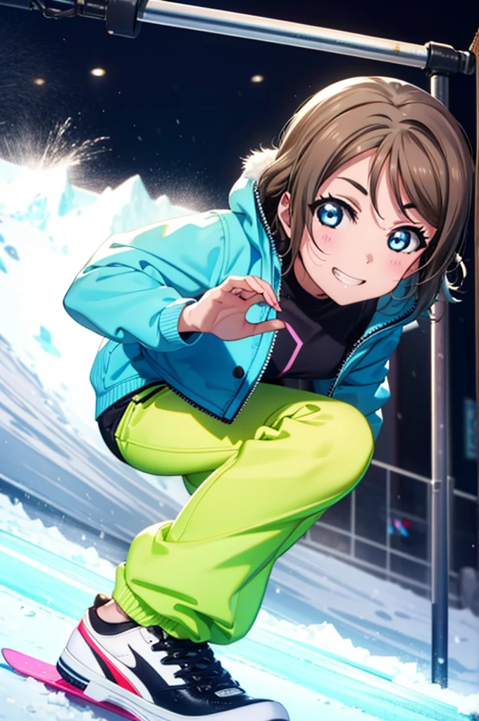 Yo Watanabe, Watanabe Yo, short hair, blue eyes, Brown Hair, smile, Grin,Yellow Wear、Outerwear is blue、Red trousers),sneakers,Snowboarding down a ski slope,whole bodyがイラストに入る,
break ourdoors, Snow Mountain,
break looking at viewer, whole body,(Cowboy Shot:1. 5)
break (masterpiece:1.2), Highest quality, High resolution, unity 8k wallpaper, (figure:0.8), (Beautiful attention to detail:1.6), Highly detailed face, Perfect lighting, Highly detailed CG, (Perfect hands, Perfect Anatomy),