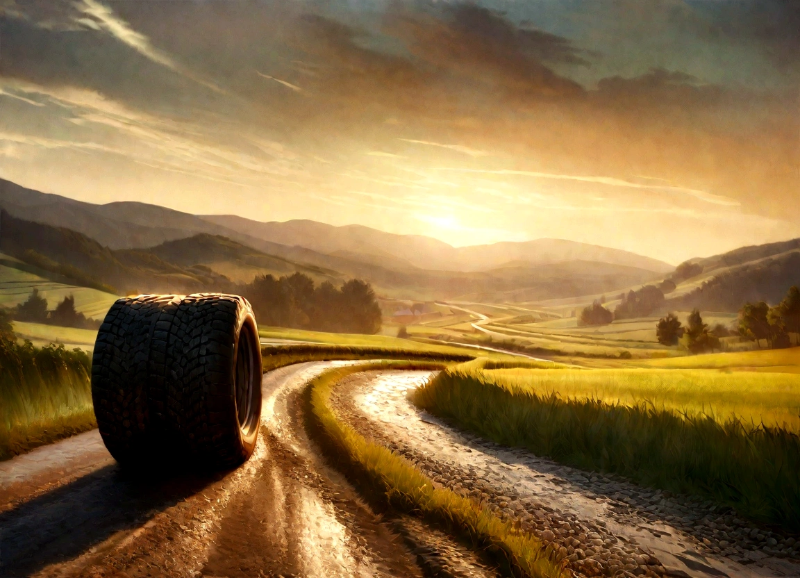 a serene countryside landscape in eastern europe, golden hour sunlight, gravel road winding through lush green fields and rolling hills, tires rolling smoothly on the road, detailed realistic rendering, photorealistic, cinematic lighting, glowing warm tones, dramatic shadows, dramatic composition, highly detailed, intricate details, impeccable quality, masterpiece