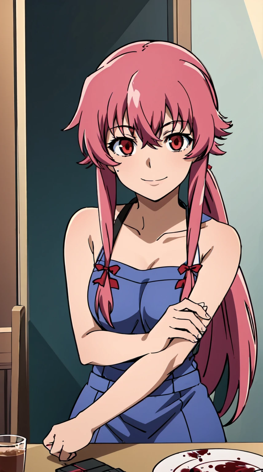 score_9, score_8_up, score_7_up, source_anime, yunogasai, ysexy, (1girl:1.7), solo, Gasai Yuno,(big breasts:0.5), nipples, solo, nude, as Gasai Yuno Sits in her kill room, she is wearing a black choker and black thigh highs and behind her there is a small table with a blood stained knife and a well as a apron made of human skin, ((kill room)), ((blood)), ((psycho)),evil smile,dark and for Bodine atmosphere, she is hunting you, intricate details, Yuno, Yuno Gasai