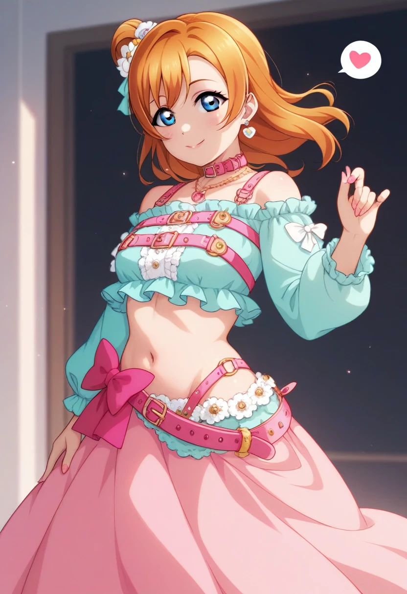 Honoka kousaka love live, cowboy shot, blue eyes, orange hair,hair flower, solo, loose crop top, frilly,long sleeve,long skirt, front thigh cut,pink loose belt,thin straps, shiny moist skin, shhhh, spoken heart , (lipstick:0.7)
