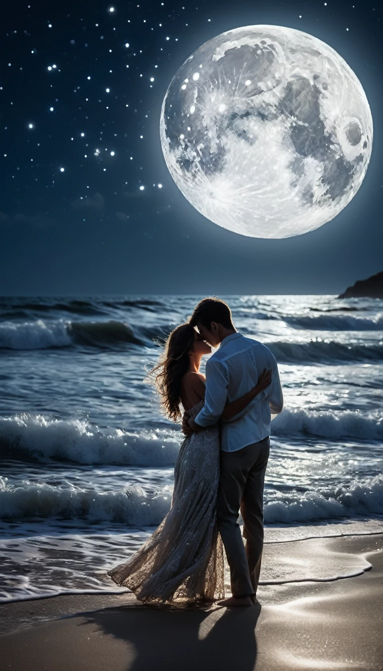 On the beach under moonlight，A couple hugging passionately, Their figures are intertwined with the sparkling waves.