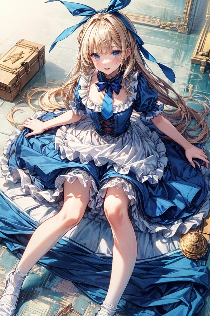 (Official Art、Highest quality、Unity 8k wallpaper、32k、masterpiece、Ultra-detailed、Ultra-high resolution)、Fantastic、((Alice in Wonderland))、Blonde、Tie your hair with a ribbon、Blue colored eyes、Blue Apron Dress、White socks、Trump、Usagi、Fantasy、