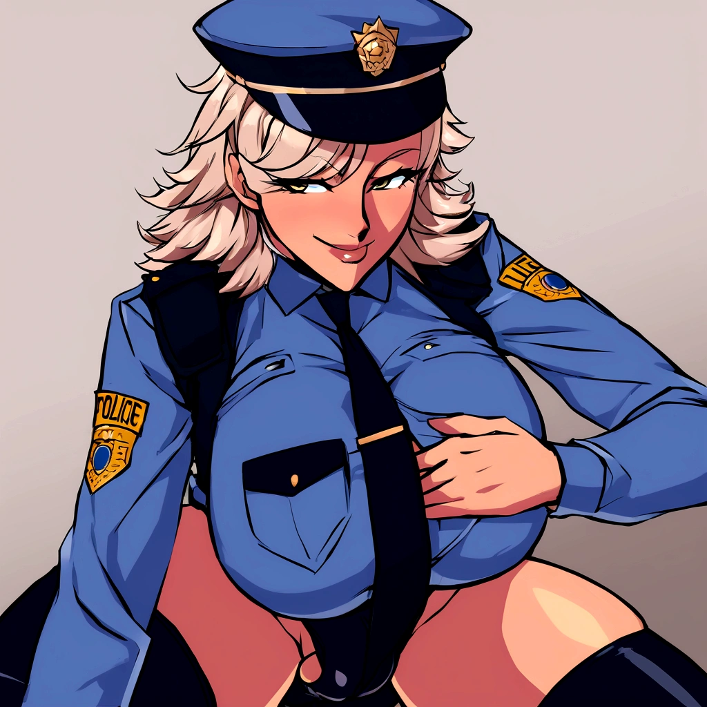 standard police uniform, milf, police hat, dick bulge under the clothes, futa, wild hair, seductive smirk, best quality