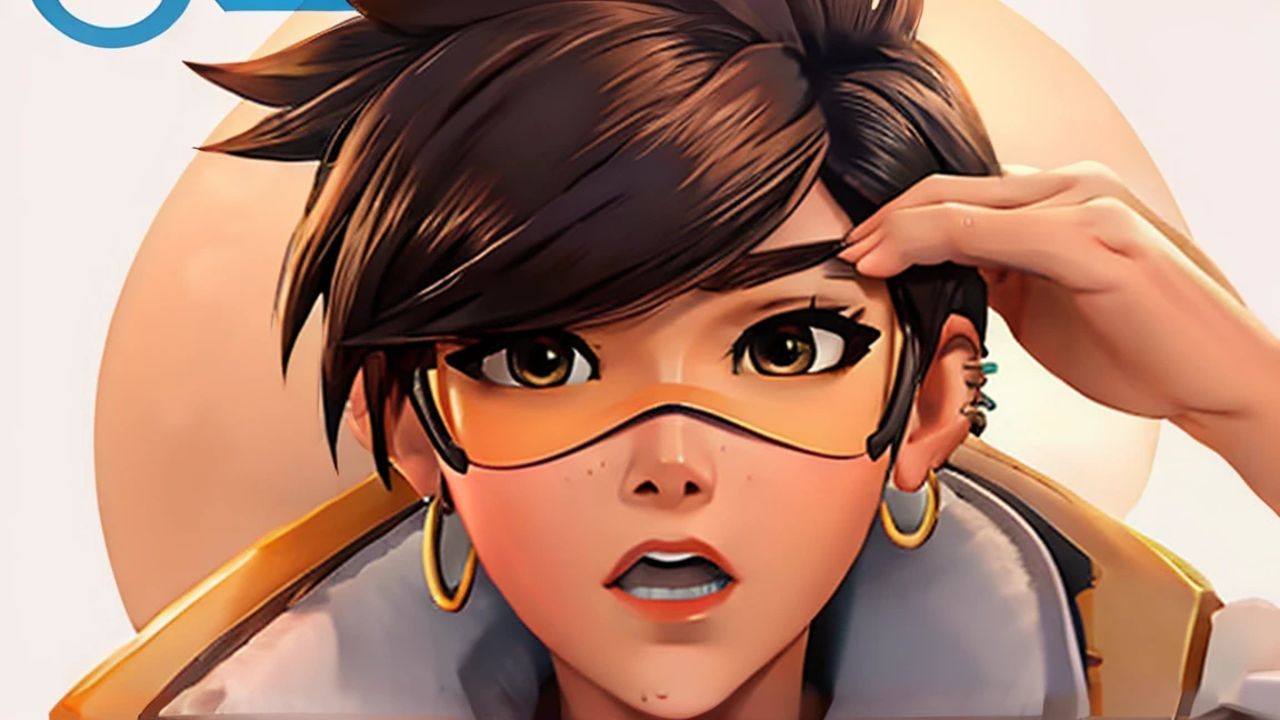 VHS cover for a porn starring tracer. hoop-earings. open mouth. tongue. tongue out. drooling. looking at viewer. sexy pose. naked. nude. slut. small_boobs. freckles. pornstar nsfw
