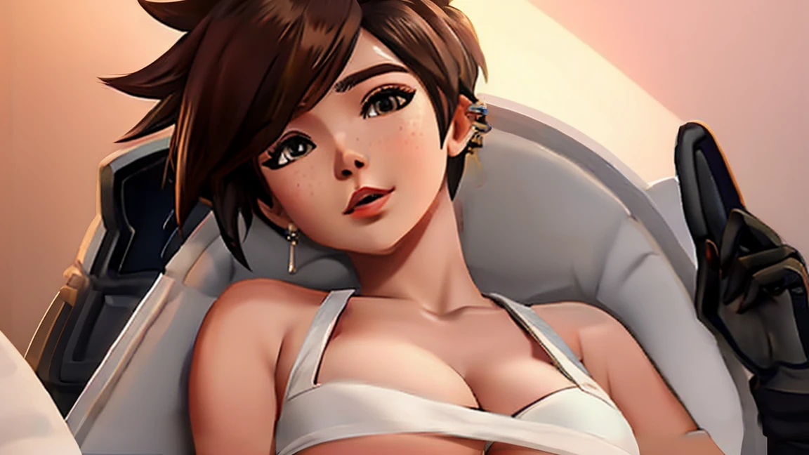 VHS cover for a porn starring tracer. hoop-earings. open mouth. tongue. tongue out. drooling. looking at viewer. sexy pose. naked. nude. slut. small_boobs. freckles. pornstar nsfw