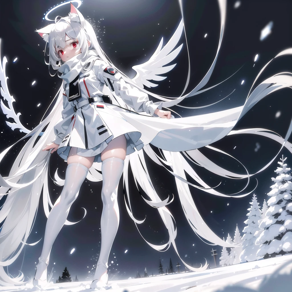 masterpiece, highest quality, highest resolution, clear_image, detailed details, White hair, long hair, cat ears, one girl, red eyes, white pantyhose, sci-fi military clothing, white scarf (with a light blue glow), gray futuristic halo (gray halo over the head), white wings (4 wings), cute, full body, no water marks, snow (falling snow)