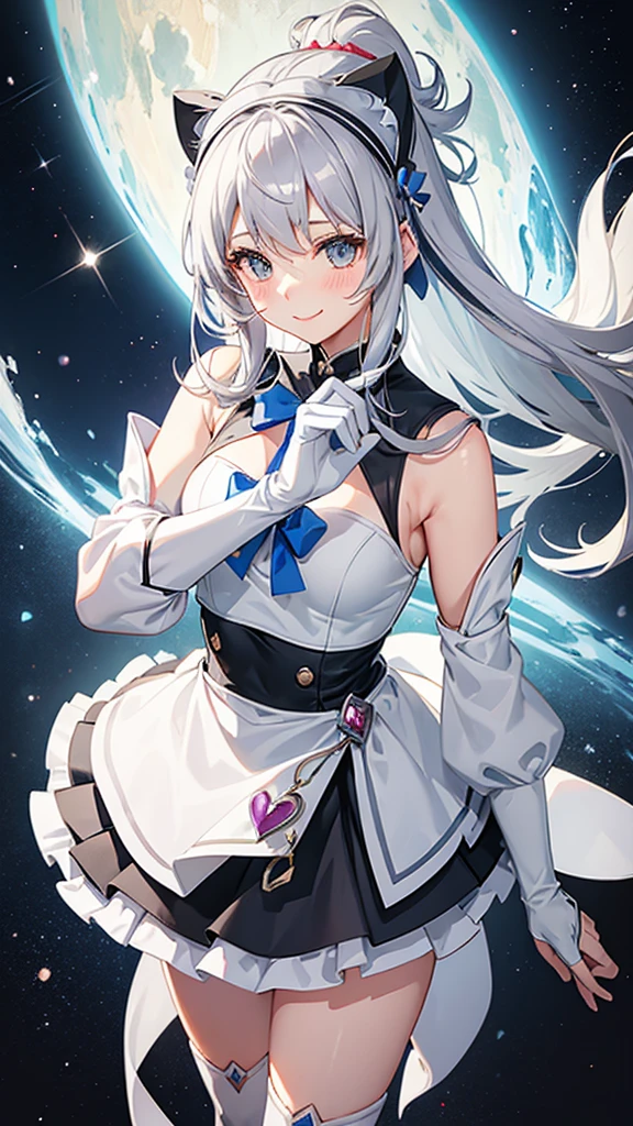 Magical girl Grey Costume Grey medium hair mini skirt No sleeve Long gloves Headband blush smile standing facing this way universe space