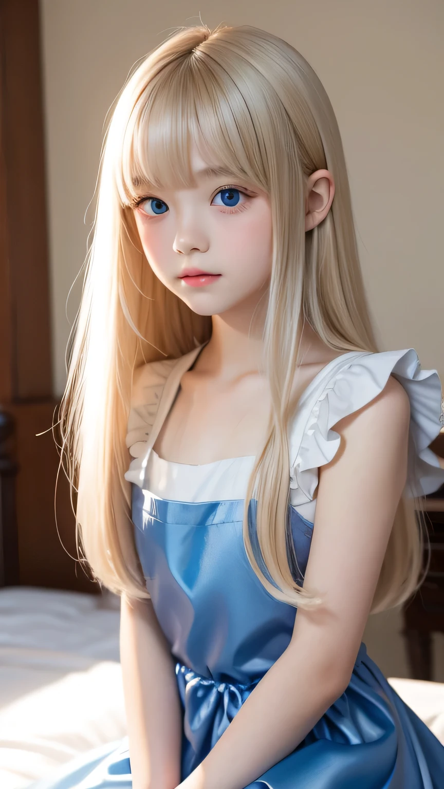 Highest quality、Ultra-high resolution、photograph、かわいい女の子のphotograph、Detailed cute and beautiful face、(Pure Eros Face_v1:0.008)、Alice in Wonderland、、White, shiny skin、bangs、Platinum blonde super long straight silky hair、Thin Hair、Beautiful big blue eyes、White Apron、Blue Dress、No makeup