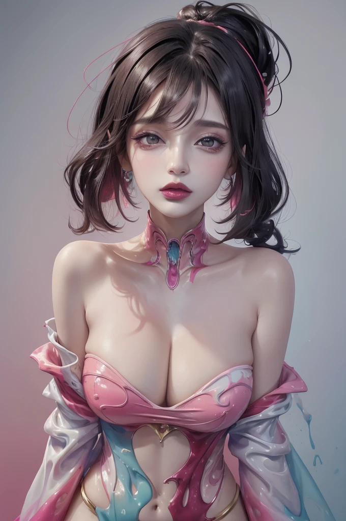 (masterpiece, top quality, best quality, official art, abstract aesthetic),solo,(1girl),(upper body|full body),a woman with colorful lipstick,psychedelic dripping colors, huge breasts,best of behance,inspired by Alberto Seveso,smooth digital artwork,behance art,stunning digital art,beautiful acrylic fluid portrait,cgsociety saturated colors,photorealistic digital arts,trending digital art,surrealistic digital artwork,glossy digital, exquisite digital fashion photography,uhd, no single cloth on body