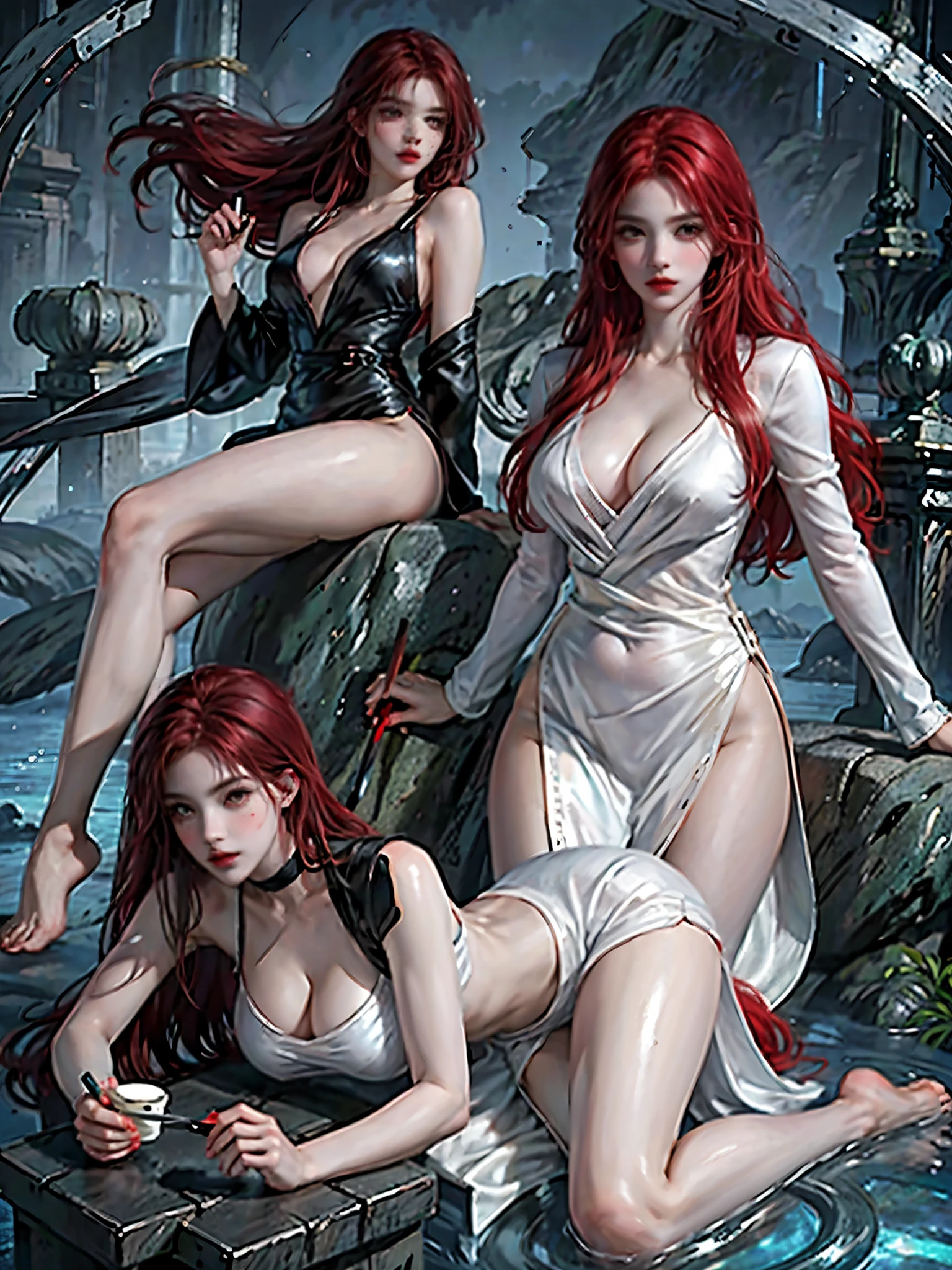 Soles of feet,Soles,Toes,Looking up,Lying down,2Women,Feet,Toes,Red Hair,Sexy,naked jersey, Holding a long sword,Side Breast, Sexy的大腿,Hold a brush in hand,Delicate face, Dark eyes, A faint smile, Become a, Big breasts, Moonlit sky,Night sky background,Sea,Waves,Rose