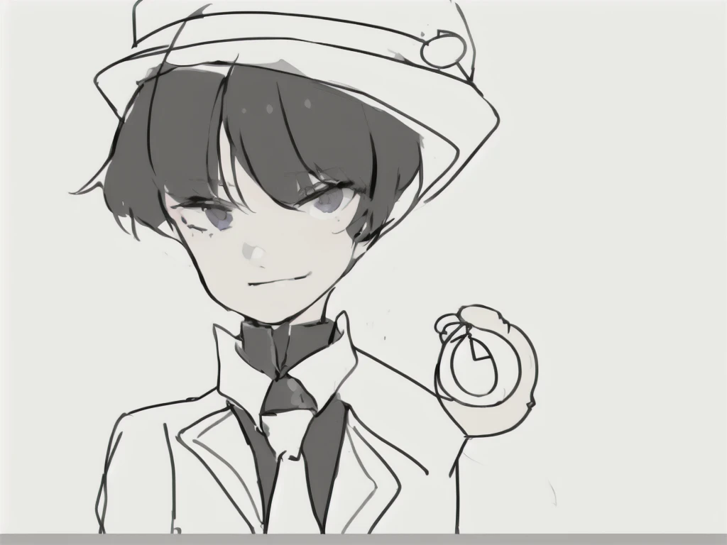 anime boy in a white suit and hat holding a stopwatch, holding a pocket watch, inspired by Okumura Togyu, 2 d anime style, he is wearing a top hat, wearing a monocle, cel shaded anime, cel - shaded art style, he is wearing a hat, inspired by Junpei Satoh