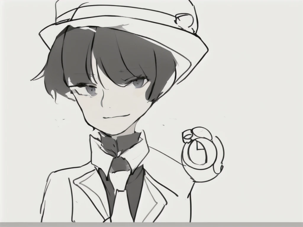 anime boy in a white suit and hat holding a stopwatch, holding a pocket watch, inspired by Okumura Togyu, 2 d anime style, he is wearing a top hat, wearing a monocle, cel shaded anime, cel - shaded art style, he is wearing a hat, inspired by Junpei Satoh