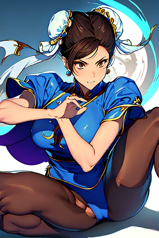 Chun-Li from Street Fight II,Chun-Li Costume,Blue Chinese dress with gold lines,Bunhead,masterpiece、1 beautiful girl、Highest quality, 超High resolution、Body facing forward、(High resolution)、(8K)、(Very detailed),Diagonal bangs、masterpiece, Highest quality, masterpiece, Highest quality, Brown eyes with white sclera, Bad move -5, alone, 1 Girl, Brown Hair, From SF2, Chinese Language Services, smile, Muscular woman, Blue clothes, pantyhose, Pelvic Curtain, Puff short sleeves.
Both hands tied with rope。
Both legs are tied with ropes。
On one knee。
pantyhoseは切り刻まれている。
The blue cheongsam is cut into pieces。
Bleeding from arms or legs。
Crippling。
I am in agony。
engulfed in flames。