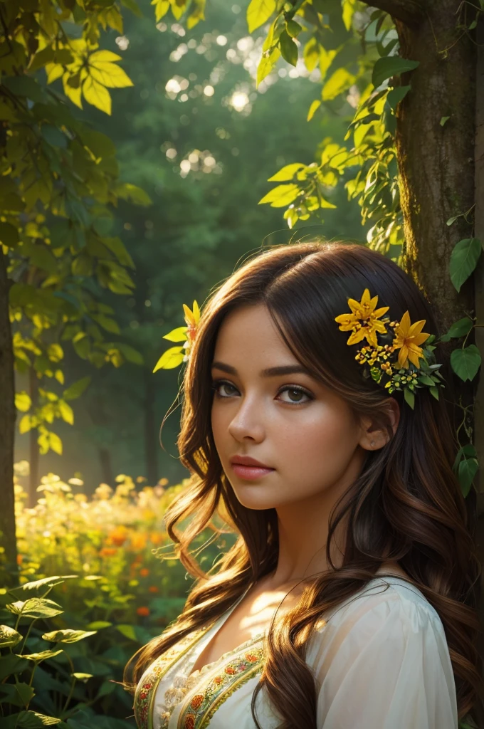 a girl in a beautiful garden, colorful flowers, vibrant nature, intricate details, (best quality,4k,8k,highres,masterpiece:1.2),ultra-detailed,(realistic,photorealistic,photo-realistic:1.37),1girl,beautiful detailed eyes,beautiful detailed lips,extremely detailed face and portrait,long eyelashes,elegant dress,peaceful expression,lush greenery,sunlight streaming through trees,vibrant colors,warm color palette,soft lighting,cinematic composition,fantasy art style