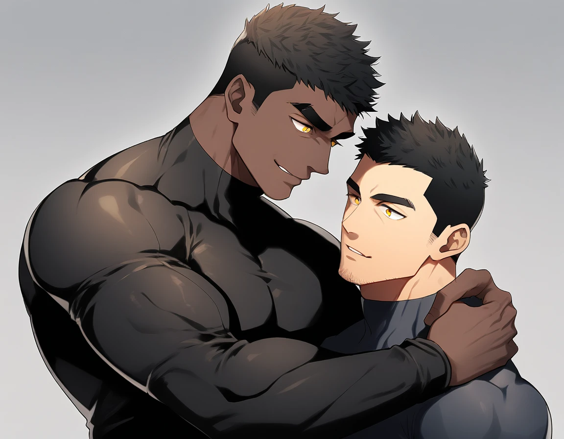 anime characters：Two superheroes in tights, Muscle superhero, negro black skin, They hugged and kissed each other, Bite your neck, Caress, Manliness, male focus, Yellow and black high collar long sleeve tight T-shirt, Slightly transparent material, Very tight, Round, full and perky chest muscles, Male dog waist, Slightly transparent, muscular male, muscular, only, Upper body, alone, Black short hair, Thick eyebrows, stubble, Yellow eyes, Grey background, simple background, amazing quality, best aesthetics, Ridiculous, bright pupils, crew cut, parted lips, seductive smile, torogao, naughty face, drop shadow, best quality