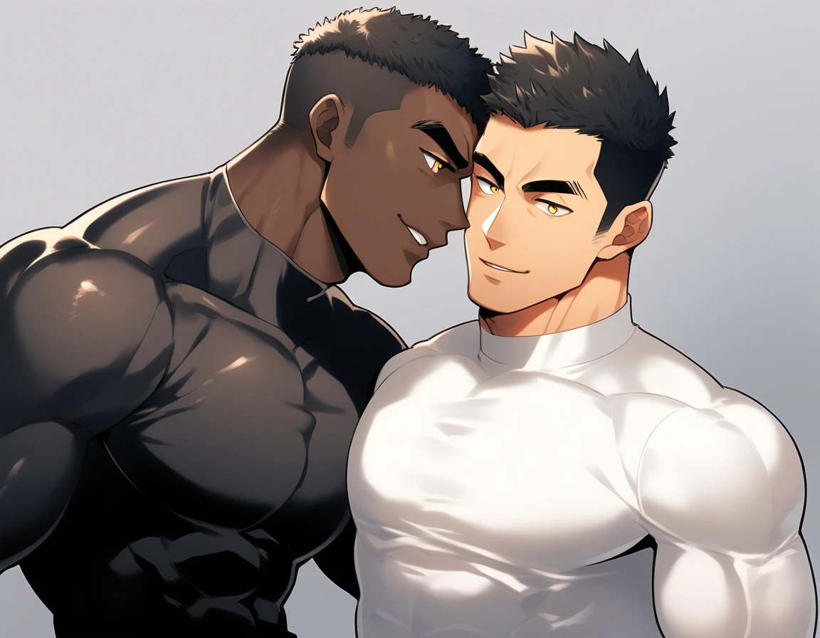 anime characters:Two superheroes in tights, Muscle superhero, negro black skin, They hugged and kissed each other, Bite your neck, Caress, Manliness, male focus, Yellow and black high collar long sleeve tight T-shirt, Slightly transparent material, Very tight, Round, full and perky chest muscles, Male dog waist, Slightly transparent, muscular male, muscular, only, Upper body, alone, Black short hair, Thick eyebrows, stubble, Yellow eyes, Grey background, simple background, amazing quality, best aesthetics, Ridiculous, bright pupils, crew cut, parted lips, seductive smile, torogao, naughty face, drop shadow, best quality