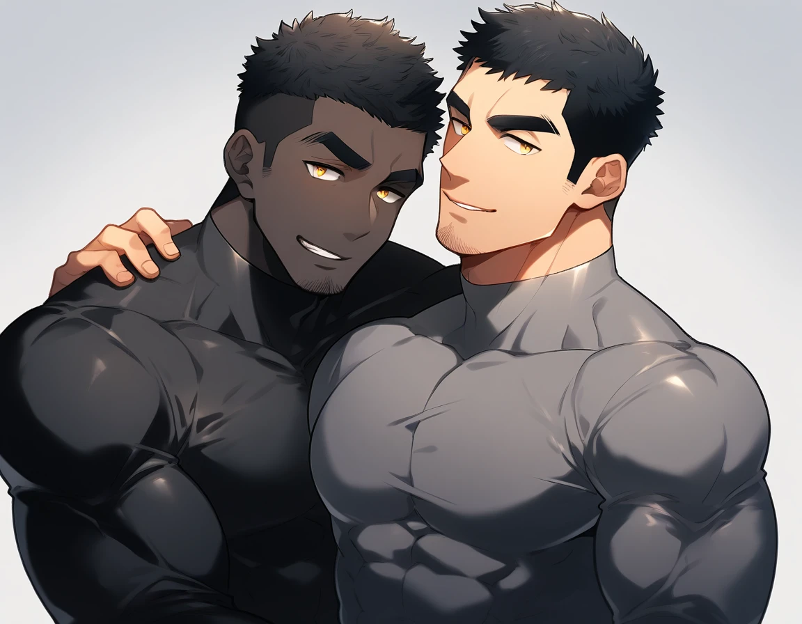 anime characters:Two superheroes in tights, Muscle superhero, negro black skin, They hugged and kissed each other, Bite your neck, Caress, Manliness, male focus, Yellow and black high collar long sleeve tight T-shirt, Slightly transparent material, Very tight, Round, full and perky chest muscles, Male dog waist, Slightly transparent, muscular male, muscular, only, Upper body, alone, Black short hair, Thick eyebrows, stubble, Yellow eyes, Grey background, simple background, amazing quality, best aesthetics, Ridiculous, bright pupils, crew cut, parted lips, seductive smile, torogao, naughty face, drop shadow, best quality