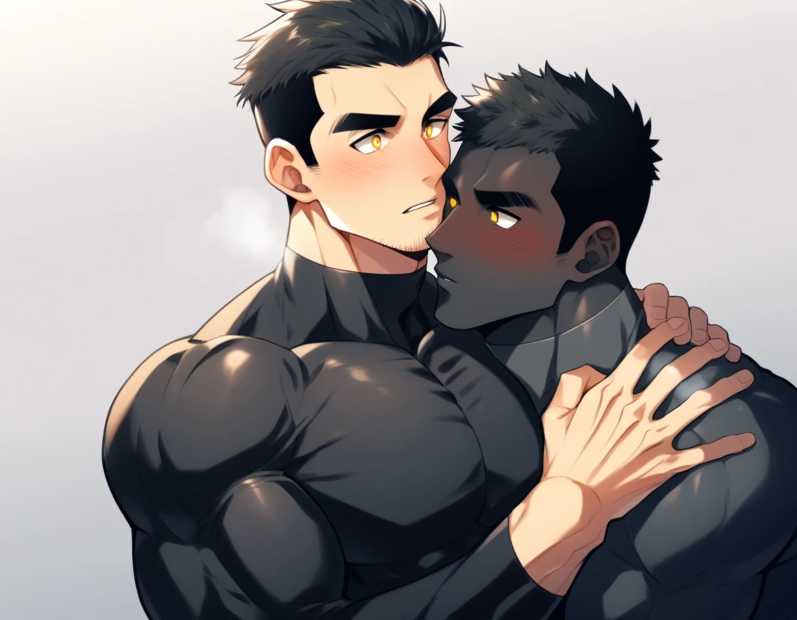 aanime characters:Two superheroes in tights, Muscle superhero, Black Short Hair, negro black skin, They hugged and kissed each other, Bite your neck, Caress, Manliness, male focus, Yellow and black high collar long sleeve tight T-shirt, Slightly transparent material, Very tight, Round, full and perky chest muscles, Male dog waist, Slightly transparent, muscular male, muscular, only, Upper body, alone, Black Short Hair, Thick eyebrows, stubble, Yellow eyes, Grey background, simple background, amazing quality, best aesthetics, Ridiculous, bright pupils, crew cut, parted lips, blush, heavy breathing, endured face, drop shadow, best quality