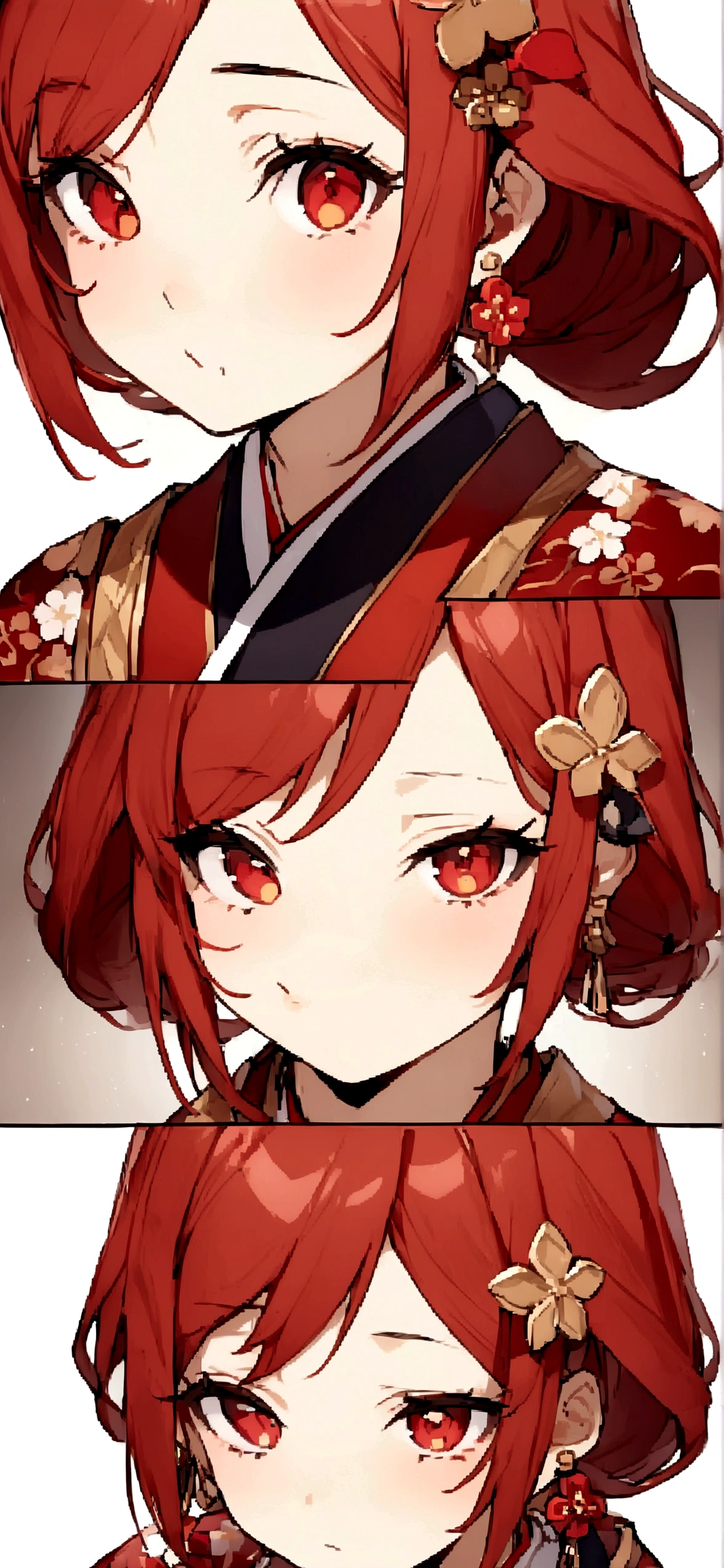 ((masterpiece, Highest quality)), (One girl), (alone)、Place it small in the center so that it doesn&#39;t get cut off.、Older sister in her late 20s, Red Hair、Character portrait、Plum blossom accessories、Red kimono、White background、Red Hair、Red eyes