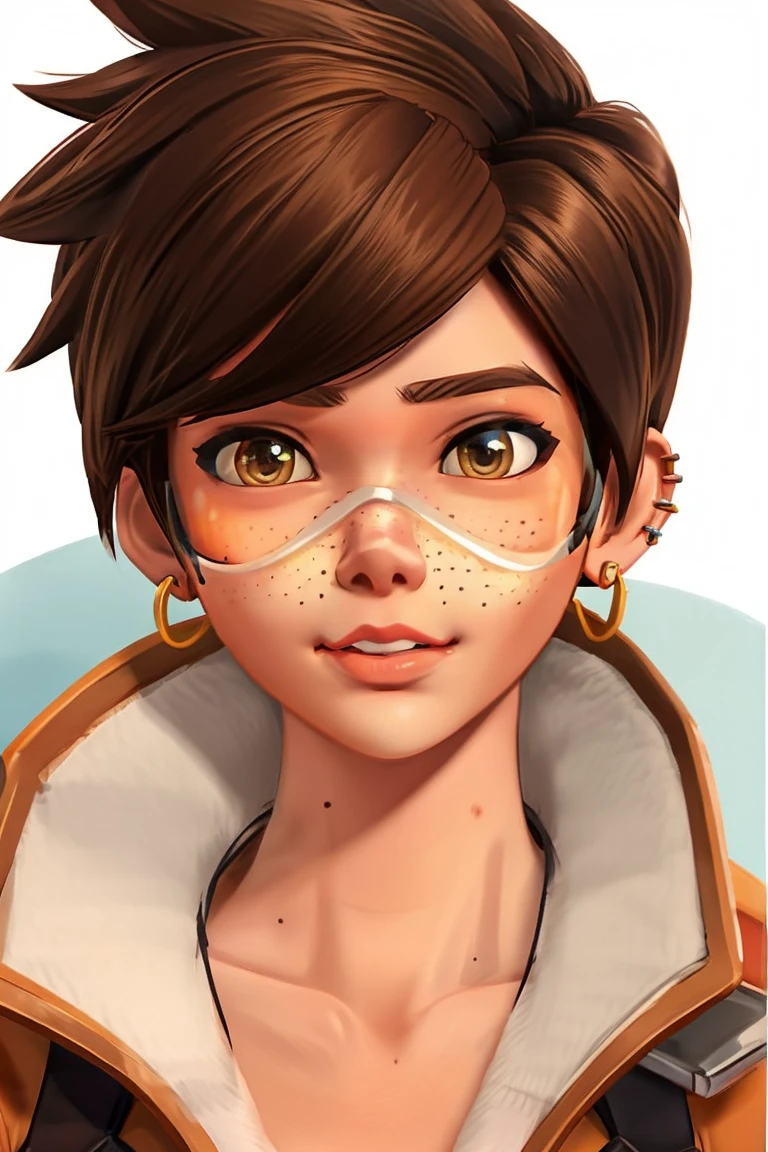VHS cover for a porn starring tracer. hoop-earings. biting her lip. naked. nude. slut. small_boobs. freckles. pornstar nsfw