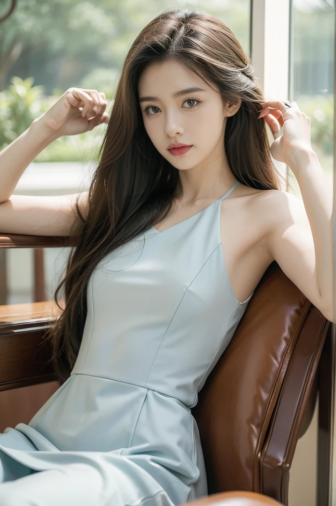 (((best quality))),(((ultra detailed))),(((masterpiece))),illustration,1girl,high school girl,solo,slim,thin,small breasts,flat chest,summer,sunshine,luxurious classroom,anticipation,beautiful,elegant,desk,college application form,sleeveless dress,light blue,summer sky,delicate floral pattern,shoulder length straight hair,sunlight,shimmering aura,fair skin,smooth skin,deep green eyes,luxury,plush leather chairs,richly patterned walls,state-of-the-art technology,open windows,summer breeze,freshly mown grass,distant bird songs,graceful movements,precise movements,serene face,focus,determination,dreams,aspirations,journey,fulfill academic goals,portrait,resilience,hope,future,courage,confidence,from front