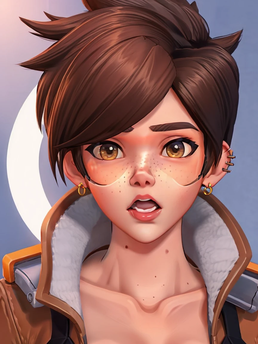 VHS cover for a porn starring tracer. hoop-earings. open mouth. tongue. tongue out. drooling. looking at viewer. sexy pose. naked. nude. slut. small_boobs. nipples. pussy, freckles. pornstar nsfw