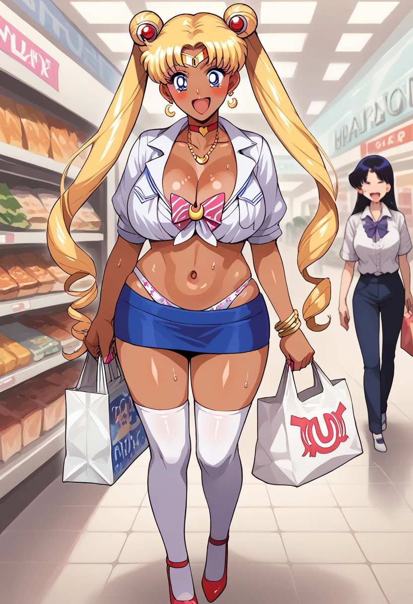 score_9, score_8_up, score_7_up, source_anime BREAK 1girl, Tsukino Usagi, (sailor moon, blonde hair, twintails, circlet, jewelry, crescent earrings),(print lingerie), (print bra), (print panties), white thighhighs), (shop, mall, clothes shop, business), (blush, excited, happy, smile, open mouth, shopping bag, waling, sweat), large breasts, blush, rating_questionable, gyaru, slutty_clothes, 