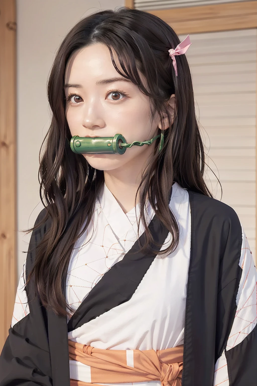 Nezukokamado, Nezuko Kamado, bamboo, (bit gag:1.5), Black Hair, (amount:1.5), gag, gagged, Hair Ribbon, Long Hair, Multicolored Hair, Orange Hair, Wavy Hair, Two-tone hair,
break asa no ha (pattern), checkered sash, Haori, kimono, kimono, Long sleeve, heart, pink kimono, sash, wariza, Wide sleeves,
break looking at viewer,
break indoors,
break (masterpiece:1.2), Highest quality, High resolution, unity 8k wallpaper, (figure:0.8), (Beautiful attention to detail:1.6), Highly detailed face, Perfect lighting, Highly detailed CG, (Perfect hands, Perfect Anatomy),whole body、Narrow waist